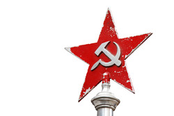 Red soviet star with hammer and sickle isolated on white background